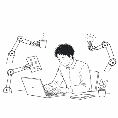 ロボットアームに手伝われながらノートPCで作業する人のイラスト