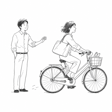 自転車の後ろから手を離して見送る人のイラスト