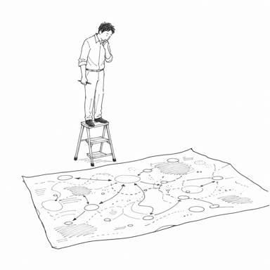 床に広げた戦略マップを脚立の上から見下ろす人のイラスト